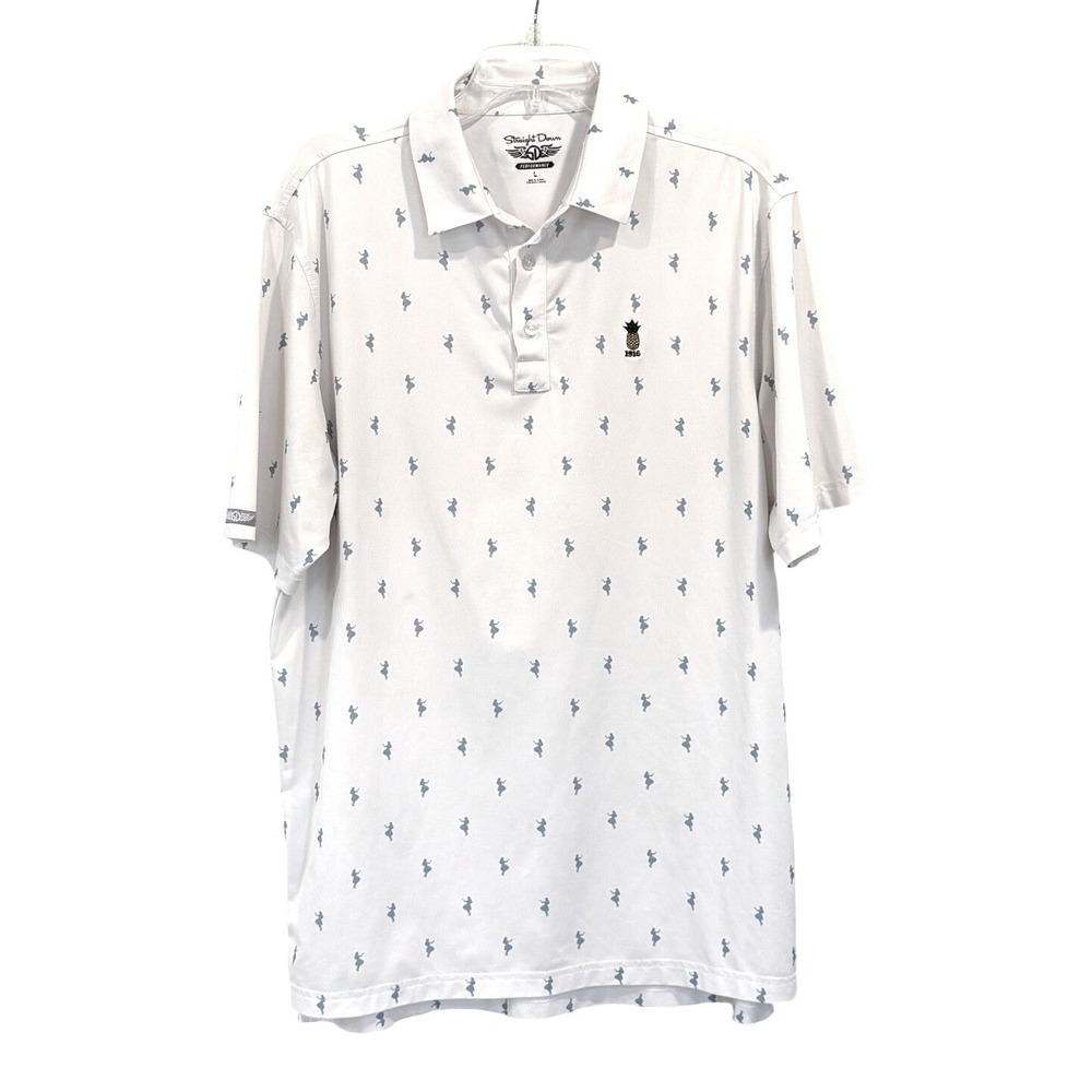 Straight Down Performance Mens Large White Hula Girl Pineapple Golf Shirt Oahu